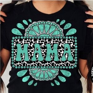 Gildan Black Tee with Teal 'MAMA' Graphic Western Southwestern Turquoise Size L